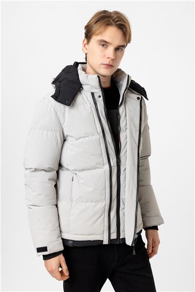 Açık Gri Regular Fit Kapüşonlu Puffer Mont