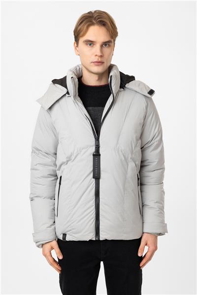 Açık Gri Regular Fit Kapüşonlu Puffer Mont