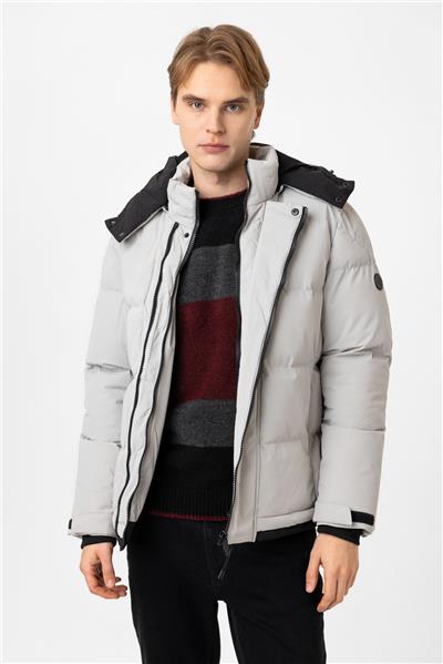 Açık Gri Regular Fit Kapüşonlu Puffer Mont