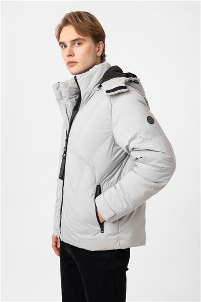 Açık Gri Regular Fit Kapüşonlu Puffer Mont