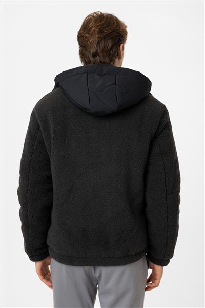 Antrasit Regular Fit Dolgulu Kapüşonlu Peluş Mont