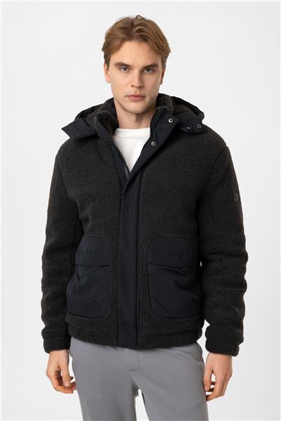 Antrasit Regular Fit Dolgulu Kapüşonlu Peluş Mont