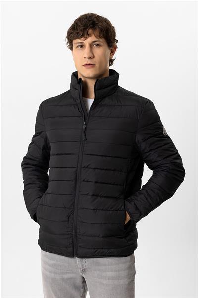 Siyah Regular Fit Dik Yaka Puffer Şişme Mont