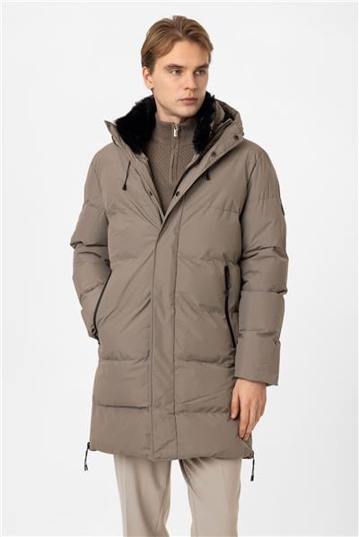 Vizon Regular Fit Kürklü Yaka Kapüşonlu Puffer Uzun Şişme Mont