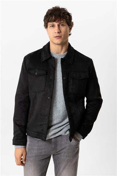 Siyah Regular Fit Gömlek Yaka Süet Ceket