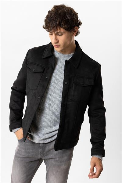 Siyah Regular Fit Gömlek Yaka Süet Ceket