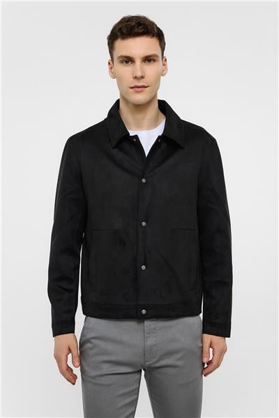 Siyah Regular Fit Süet Ceket Mont