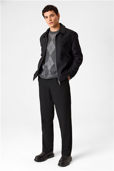 Siyah Regular Fit Süet Mont