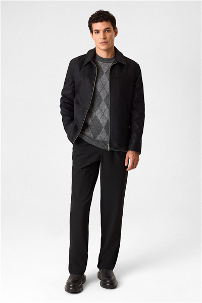 Siyah Regular Fit Süet Mont