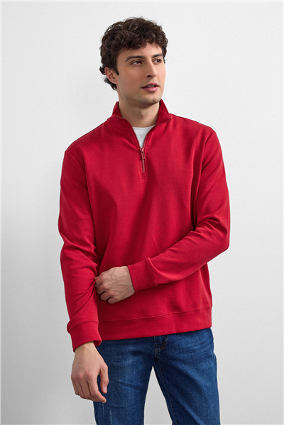 Kırmızı Regular Fit Yarım Fermuarlı Sweatshirt
