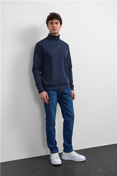 Lacivert Regular Fit Yarım Fermuarlı Sweatshirt