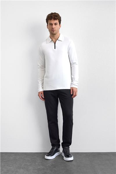Beyaz Regular Fit Gömlek Yaka Yarım Fermuarlı Sweatshirt