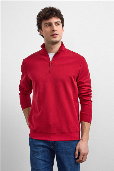 Kırmızı Regular Fit Yarım Fermuarlı Sweatshirt