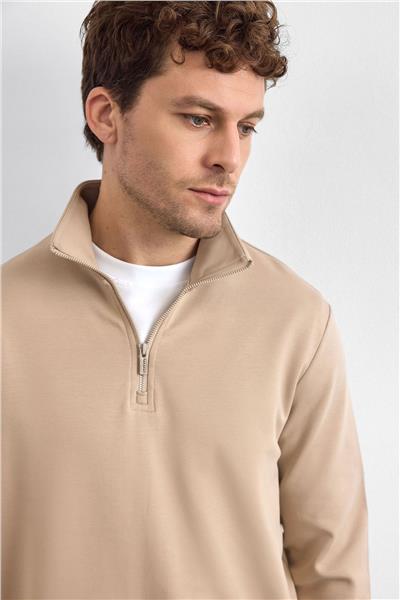 Bej Regular Fit Dik Yaka Yarım Fermuarlı Sweatshirt