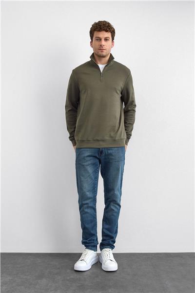 Haki Regular Fit Dik Yaka Yarım Fermuarlı Sweatshirt
