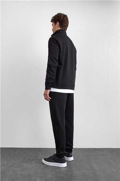Siyah Regular Fit Dik Yaka Yarım Fermuarlı Sweatshirt