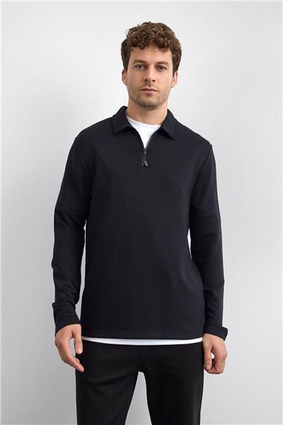 Siyah Regular Fit Gömlek Yaka Yarım Fermuarlı Sweatshirt