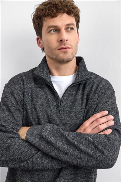 Siyah Regular Fit Dik Yaka Yarım Fermuarlı Sweatshirt