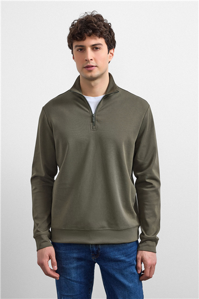 Haki Regular Fit Yarım Fermuarlı Sweatshirt