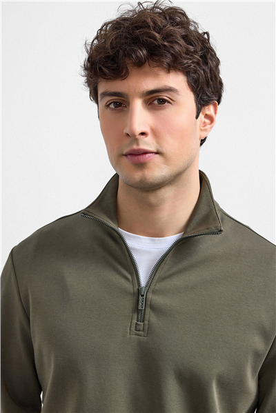 Haki Regular Fit Yarım Fermuarlı Sweatshirt