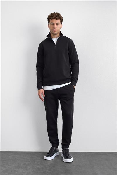 Siyah Regular Fit Dik Yaka Yarım Fermuarlı Sweatshirt