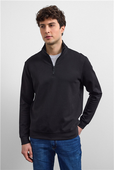 Siyah Regular Fit Yarım Fermuarlı Sweatshirt