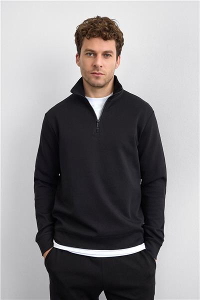 Siyah Regular Fit Dik Yaka Yarım Fermuarlı Sweatshirt