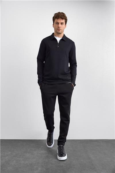 Siyah Regular Fit Gömlek Yaka Yarım Fermuarlı Sweatshirt