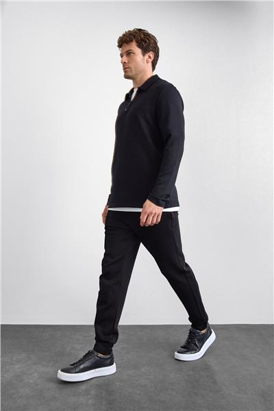 Siyah Regular Fit Gömlek Yaka Yarım Fermuarlı Sweatshirt