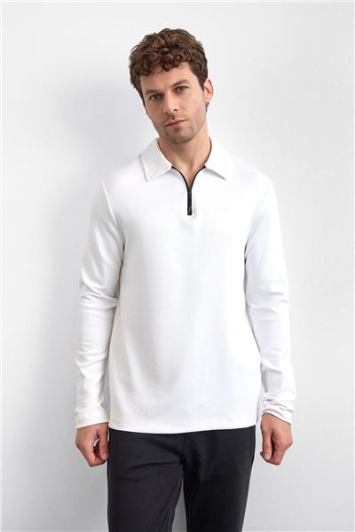 Beyaz Regular Fit Gömlek Yaka Yarım Fermuarlı Sweatshirt