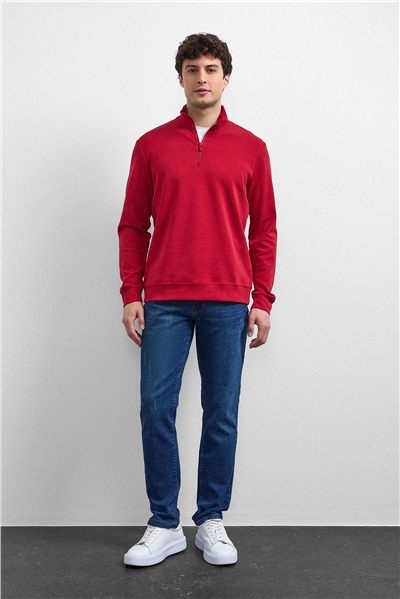 Kırmızı Regular Fit Yarım Fermuarlı Sweatshirt