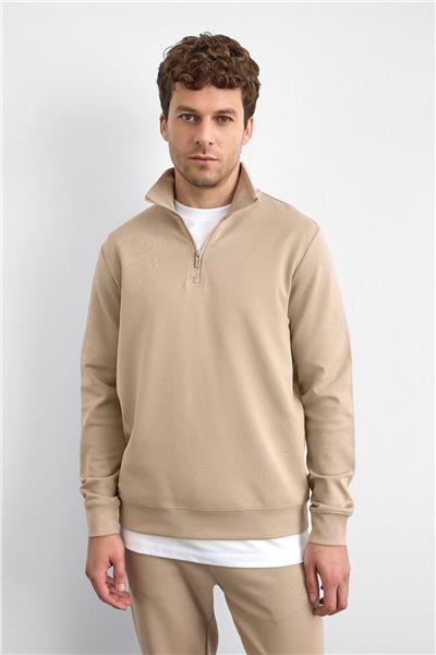 Bej Regular Fit Dik Yaka Yarım Fermuarlı Sweatshirt