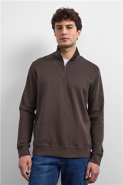 Kahve Regular Fit Yarım Fermuarlı Sweatshirt
