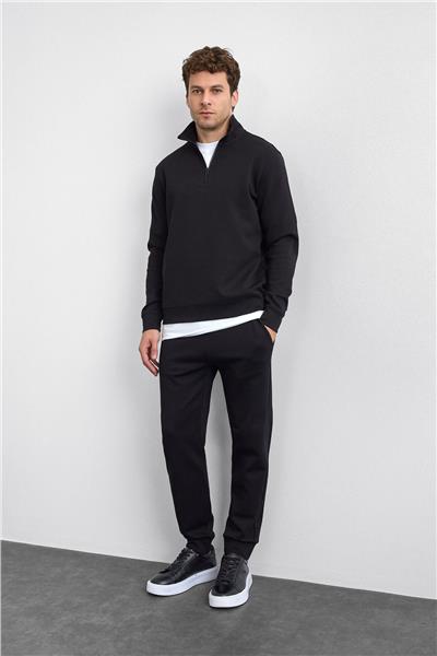 Siyah Regular Fit Dik Yaka Yarım Fermuarlı Sweatshirt