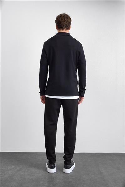 Siyah Regular Fit Gömlek Yaka Yarım Fermuarlı Sweatshirt