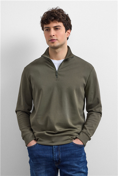 Haki Regular Fit Yarım Fermuarlı Sweatshirt