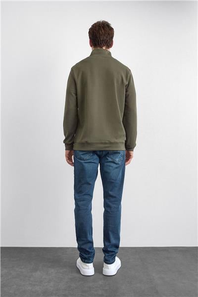 Haki Regular Fit Dik Yaka Yarım Fermuarlı Sweatshirt