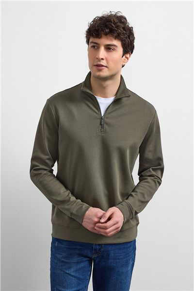 Haki Regular Fit Yarım Fermuarlı Sweatshirt