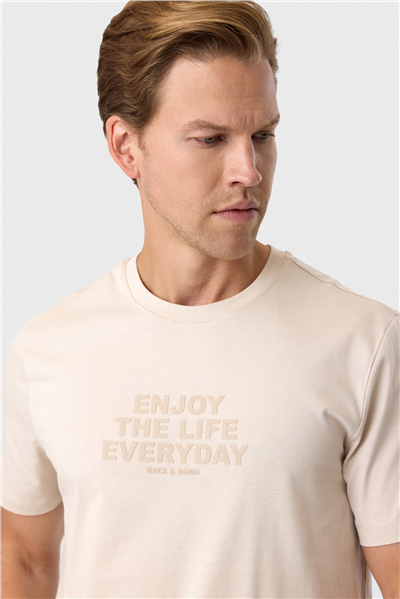 Relaxed Fit Baskılı Bej Bisiklet Yaka Tişört