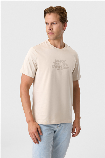 Relaxed Fit Baskılı Bej Bisiklet Yaka Tişört