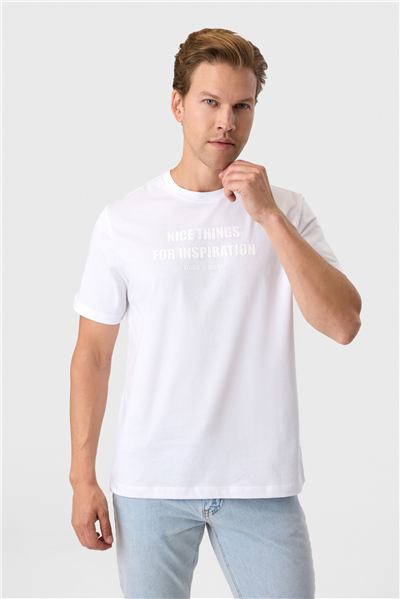 Relaxed Fit Baskılı Beyaz Bisiklet Yaka Tişört