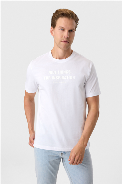 Relaxed Fit Baskılı Beyaz Bisiklet Yaka Tişört