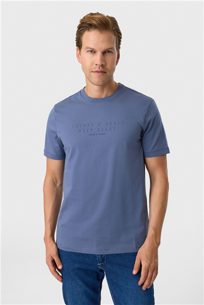 Relaxed Fit Baskılı İndigo Bisiklet Yaka Tişört