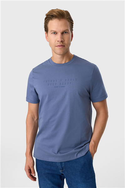 Relaxed Fit Baskılı İndigo Bisiklet Yaka Tişört
