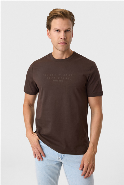Relaxed Fit Baskılı Kahve Bisiklet Yaka Tişört