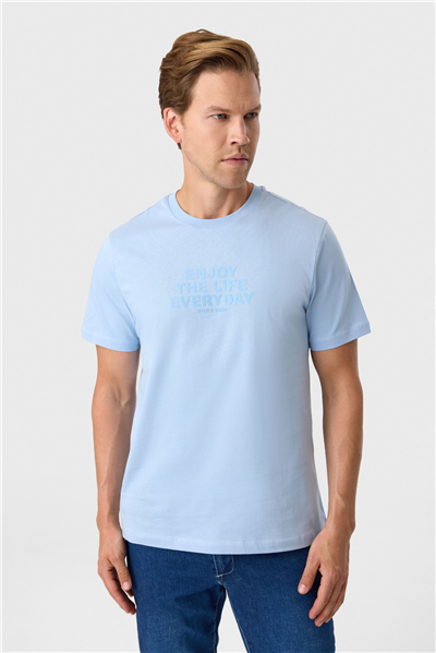 Relaxed Fit Baskılı Mavi Bisiklet Yaka Tişört