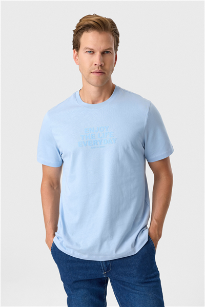 Relaxed Fit Baskılı Mavi Bisiklet Yaka Tişört
