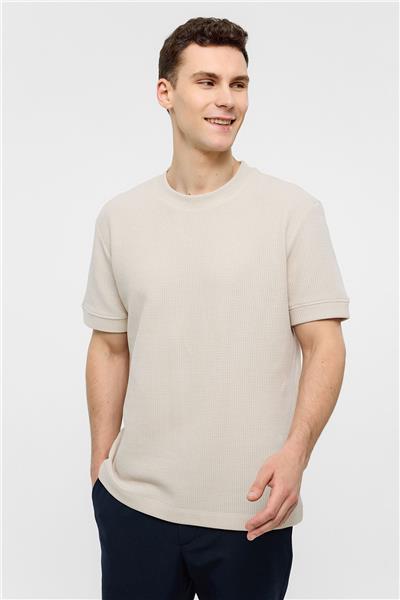 Bej Relaxed Fit Bisiklet Yaka Tişört