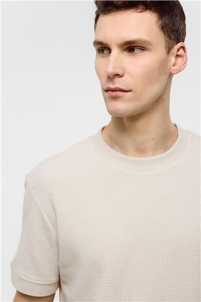 Bej Relaxed Fit Bisiklet Yaka Tişört