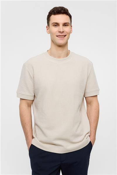 Bej Relaxed Fit Bisiklet Yaka Tişört